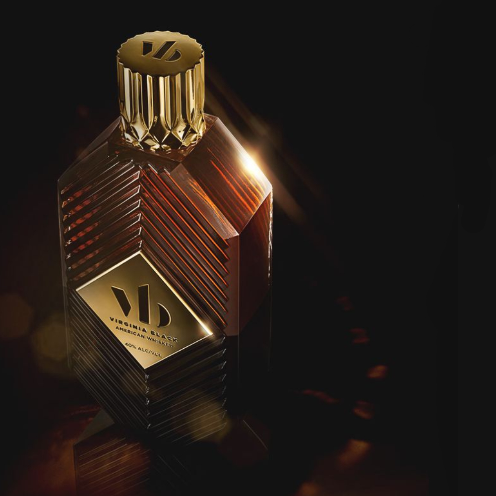 Bottle of Virginia Black Whiskey against a dark background.